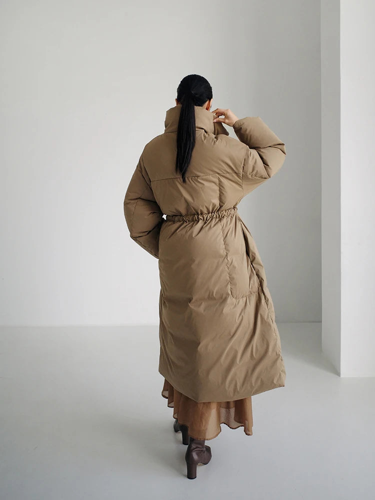 Winter New Stand Collar Long Down Jackets Loose Belt Long Sleeve Warm Coat Fashion Solid Cotton Padded Warm Down Overcoat Women