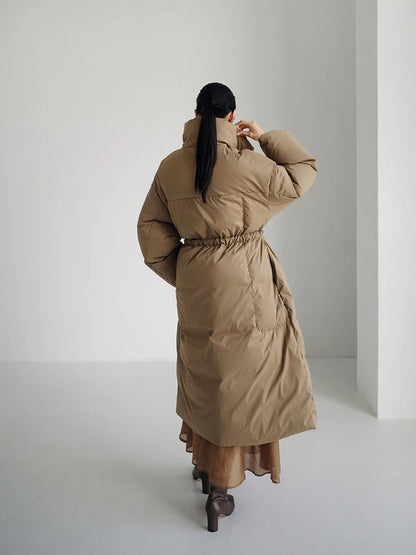 Winter New Stand Collar Long Down Jackets Loose Belt Long Sleeve Warm Coat Fashion Solid Cotton Padded Warm Down Overcoat Women