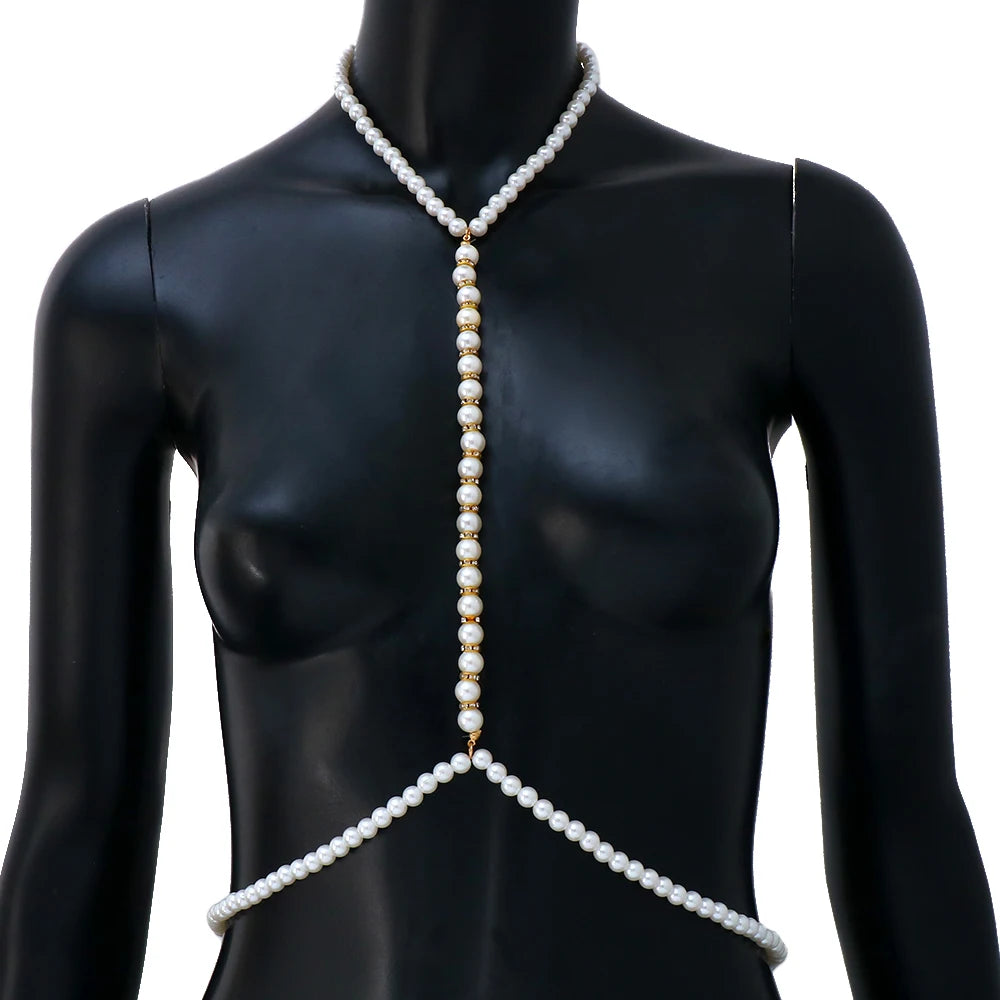 Stonefans Fashion Pearl Body Chain Bra Necklace Harness for Women Summer Sexy Bikini Crystal Belly Waist Chain Beach Jewelry