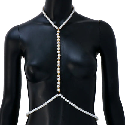 Stonefans Fashion Pearl Body Chain Bra Necklace Harness for Women Summer Sexy Bikini Crystal Belly Waist Chain Beach Jewelry