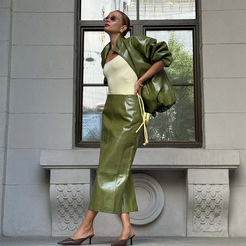 Vintage Solid Pu Leather Jacket Skirt Set High Neck Coat Slim Fit Long Skirt Coats Skirt Sets 2025 New Autumn Winter Lady Outfit