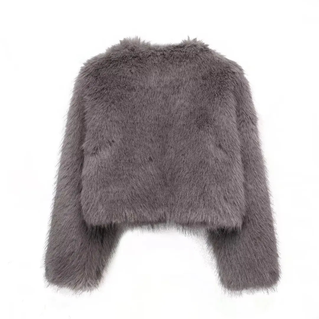 HH Women Winter Fashion Artificial Fur Effect Short Jacket Coats Female O-Neck Vintage Long Sleeve Loose Warm Top Streetwear