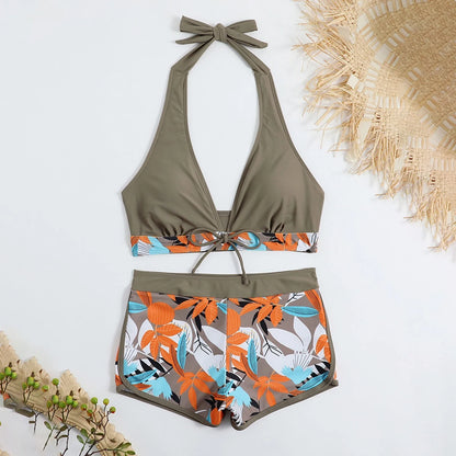 Women's Paneled Printed Swimsuit Ladies Fashion Sexy Split Boxer High Waist Swimsuit Two-Piece Set V-Neck Bathing Suits Female