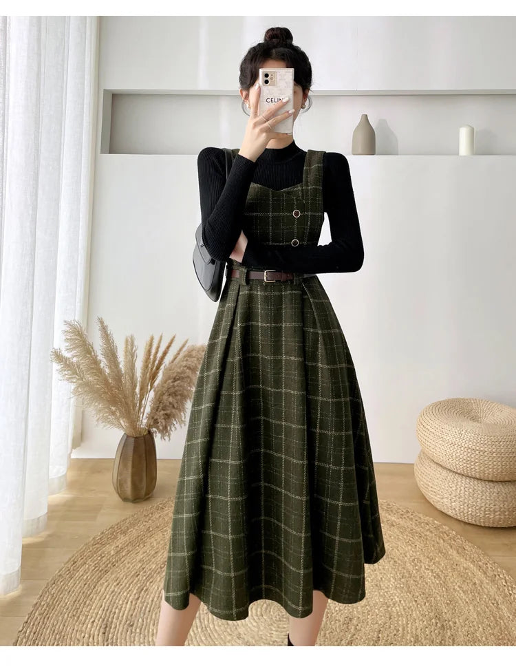 High Quality Fall Winter Women Sweater Overalls Dress Sets Casual Knitted Tops +Plaid Woolen Dress 2 Piece Sets Outfits Female
