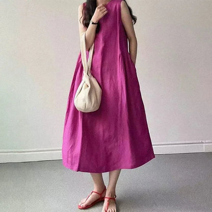 Minimalist Summer Lazy Style round Neck Long Oversized Sleeveless Dress Maxi Dress Comfortable Loose Fit V-Neck Knee-Length Dres