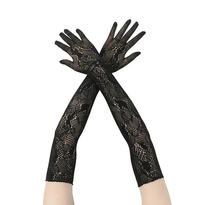 High Elasticity Long Lace Gloves Cosplay Stage Performance Bridal Gloves Floral Pattern Halloween Mesh Mittens