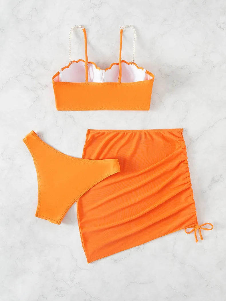 New Swimsuit Women Three Piece Set Solid Blue/Red/Orange/Black Summer Bikini European American Scallop 2024 Swimsuits Wholesale