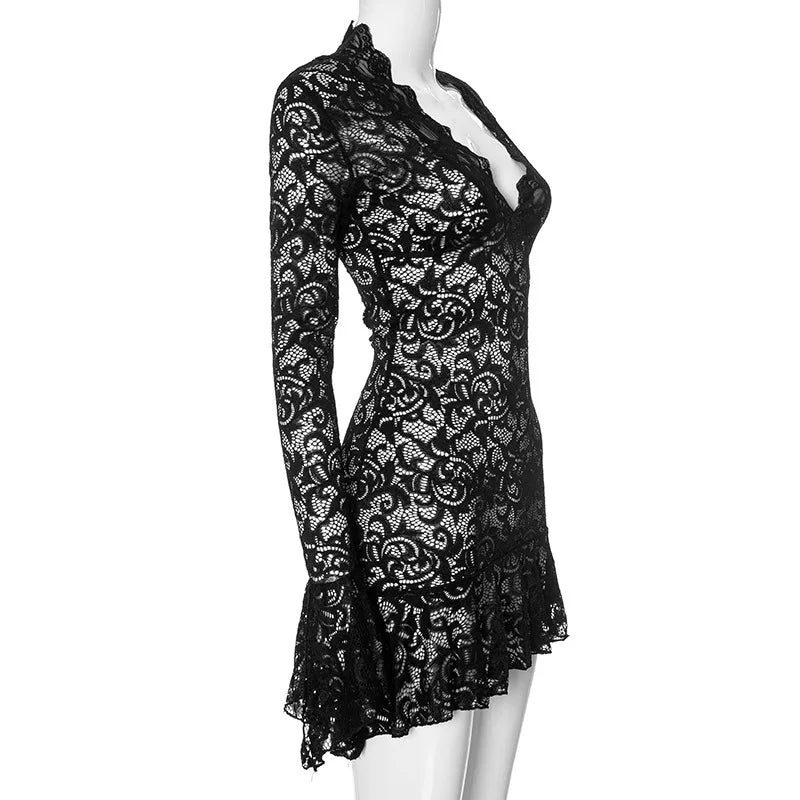 Spring  Sexy V-Neck Lace Dress with Pleated Edge See-through Short Skirt for Women European And American Cross-Border Fashion