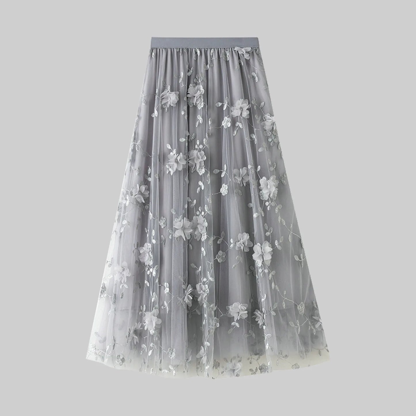 Korean Style Women's Floral Embroidered Mesh Skirt Harajuku High Waist A Line Midi Skirts Elegant Tulle Skirt Faldas Mujer
