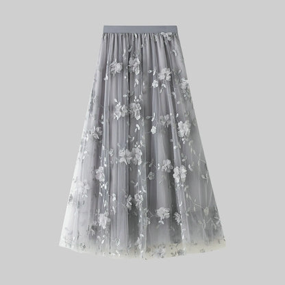 Korean Style Women's Floral Embroidered Mesh Skirt Harajuku High Waist A Line Midi Skirts Elegant Tulle Skirt Faldas Mujer