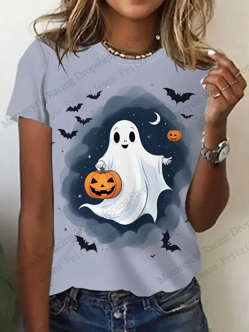 Halloween 3D print t-shirt women featuring a ghost with a pumpkin and bats in a spooky design