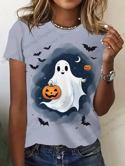 Halloween 3D print t-shirt women featuring a ghost with a pumpkin and bats in a spooky design