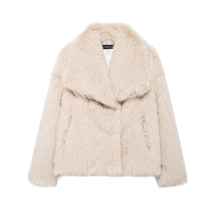HH Winter Women Elegant Warm Plush Coat Turn-Down Collar Thick Cardigan Coat Female Pocket Long Sleeve Short Outerwear Mujer