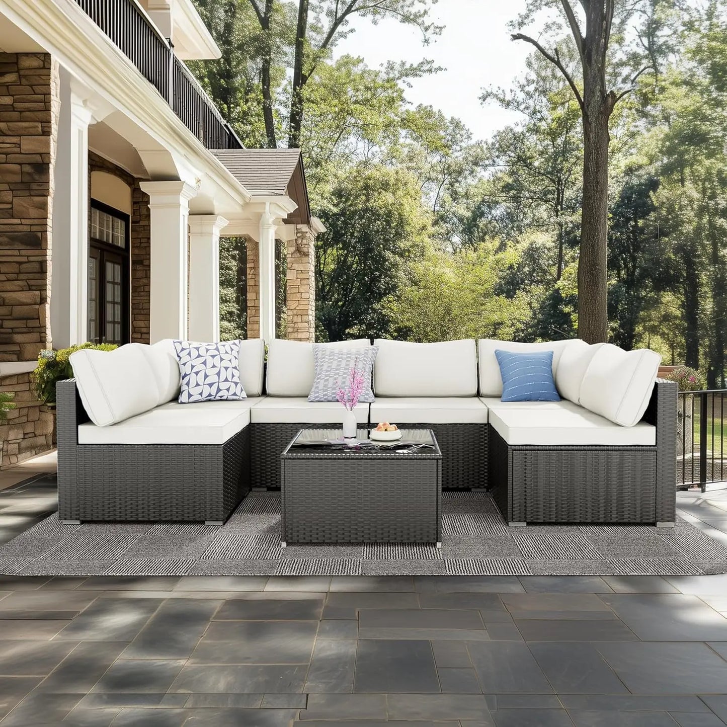 7 Pieces Patio Furniture Set - Outdoor Sectional Wicker Rattan Furniture with Cushion and Glass Table Patio Poolside Backyard