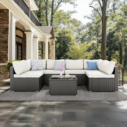 7 Pieces Patio Furniture Set - Outdoor Sectional Wicker Rattan Furniture with Cushion and Glass Table Patio Poolside Backyard