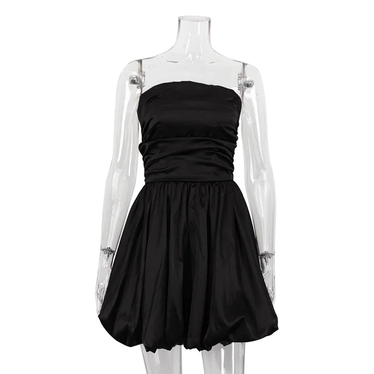 White Pleated Mini Dress For Women Bandeau Slim Patchwork Backless Elegant Fashion Dress Solid Female Party Dress 2024 New