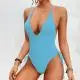 Sexy Deep-V One Piece Swimsuit Pure Color Buckle Women'S Backless Sling Cut Out Bikini High Cut Elastic Slim Beach Swimwear
