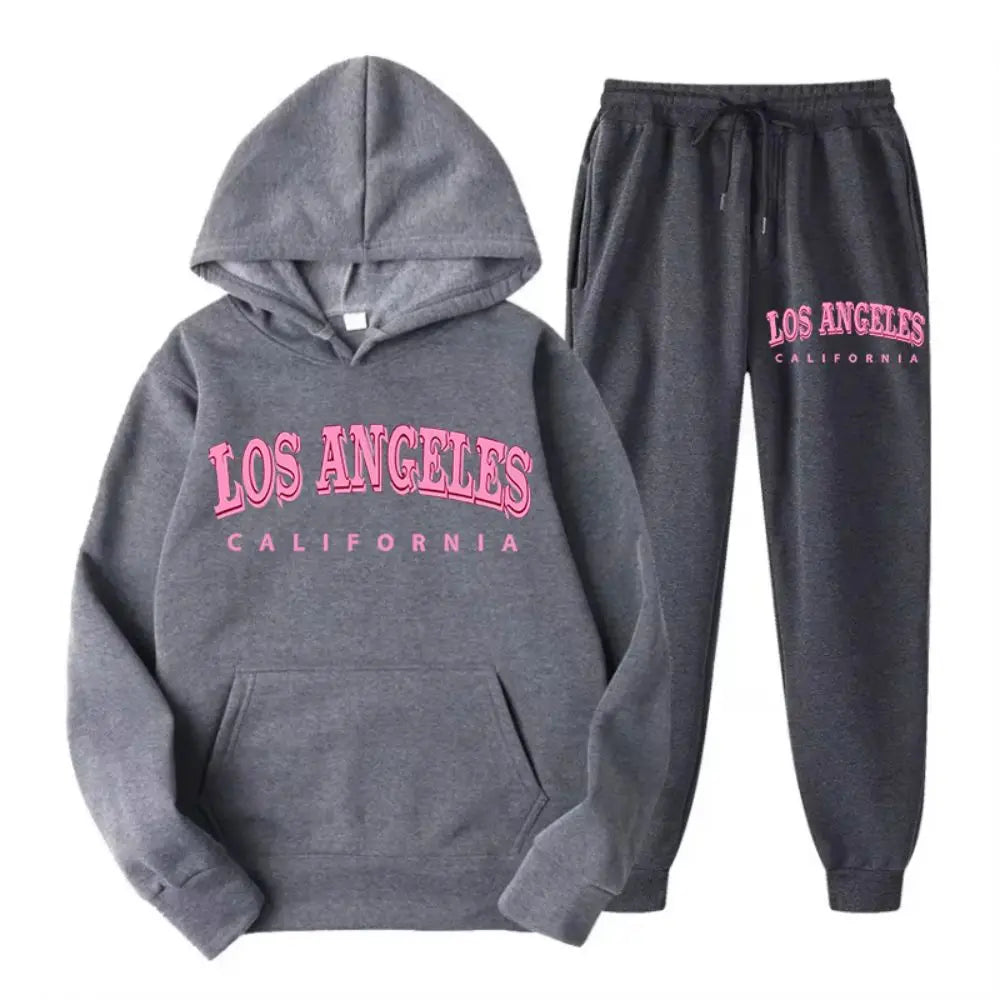 Two Piece Set Street Womens Hoodie & Pants Fleece Pocket Loose Pullover Los Angeles California Print Clothes Fashion Sportswear