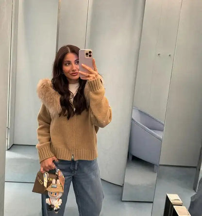OFTBUY Real Fox Fur Kintwear Women 2025 New Spring Autumn Hooded Sweater Female Loose Zipper Kintted Jacket Oversized Cardigan
