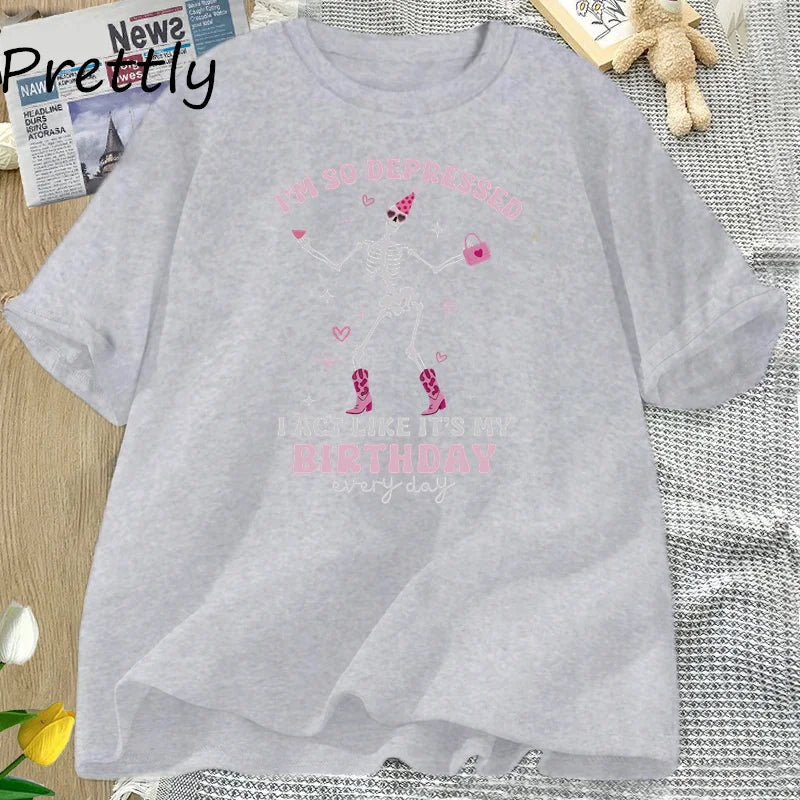I'm So Depressed I Act Like It's My Birthday T Shirt Women Funny TTPD T-Shirt Skull Tortured Poets Department Printed T-shirts