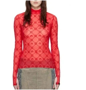 Spring Fashion Sexy Perspective Women's Pullover Mesh T-Shirt New Semi High Neck Long Sleeved Slim Fit Elastic Women T-Shirt