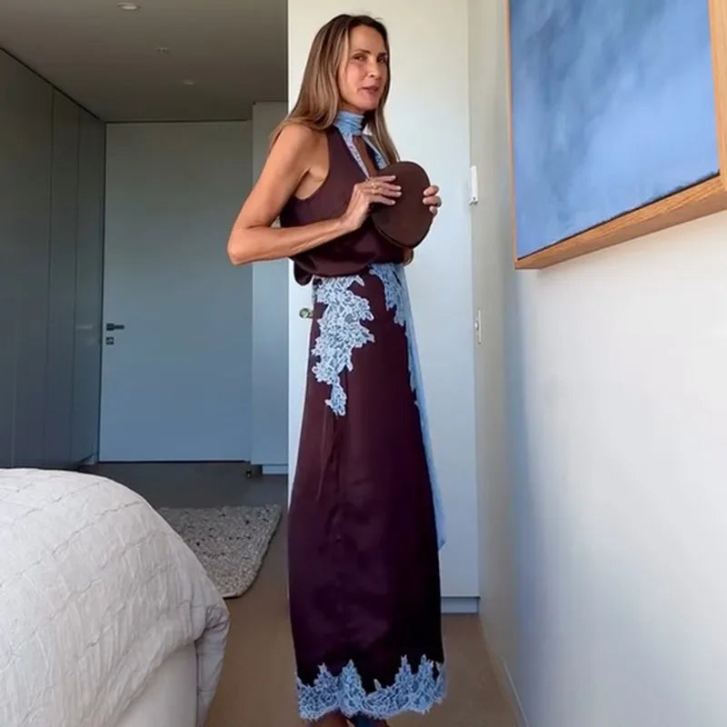 Contrast Patchwork Lace Maxi Skirt Suit Women Satin V-neck Sleeveless Skirts Suits 2025 Lady Summer Casual Daily 2 Pieces Set