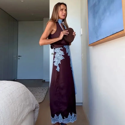 Contrast Patchwork Lace Maxi Skirt Suit Women Satin V-neck Sleeveless Skirts Suits 2025 Lady Summer Casual Daily 2 Pieces Set