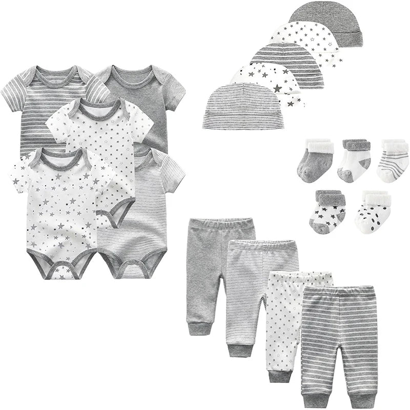 EtherealBe Newborn Unisex Layette Set with Bodysuits, Pants, Hats, and Socks in Gray and White