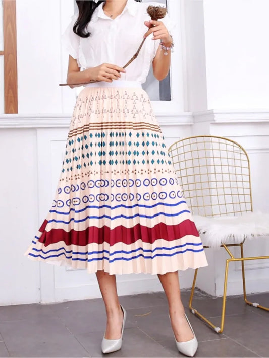 2023 Summer Women Cartoon Print Pleated Skirts A Line High Waisted Elastic Midi Long Skirt Ladies Party Korean Style Dresses