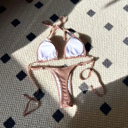 Shiny Pink Micro Bikini 2025 Mujer Women Sexy PU Pearls Push Up Thong Swimsuit Summer Bathing Suit Bandage Holiday Swimwear