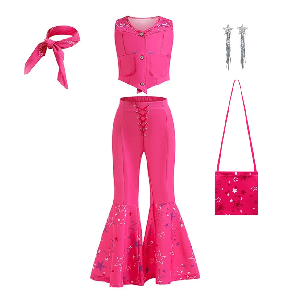 pink cowgirl cosplay set for kids bright pink vest bell bottom pants bandana star earrings and purse
