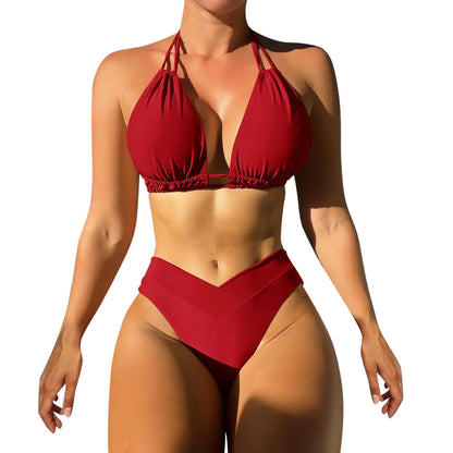 Bathing Suit Tank Bikinis Sets Swimwear 2023 Women Mid Waist Deep V Neck Wide Straps Bikini Summer Beach Wear Swimming купальник