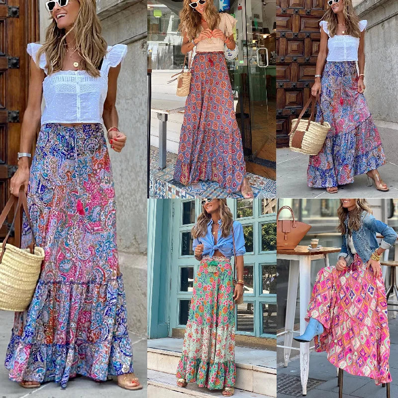 Summer High Waist Long Printed A-Line Skirt Floral Skirt Women Casual Beach Faldas Female Boho Elastic Waist Holiday Maxi Skirts