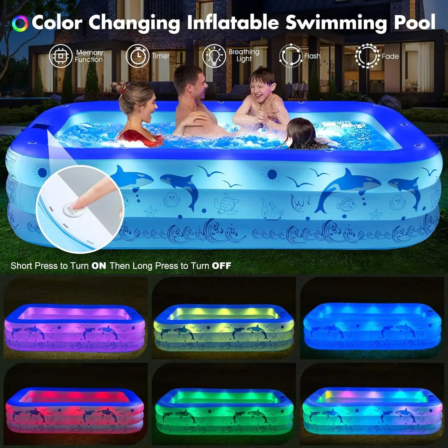 Inflatable Pool with Lights, Upgraded Family Inflatable Swimming Pool for Kids&Adults,Blowup Pool Solar Powered,Large Kiddie