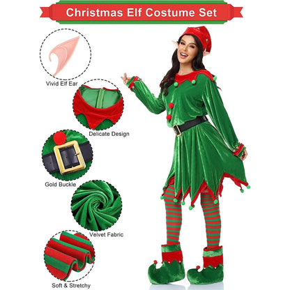 Women Girl Elf Outfits Christmas Hat Boot Belt Dress Stocking Costume Elf Cosplay Outfits for Themed Party