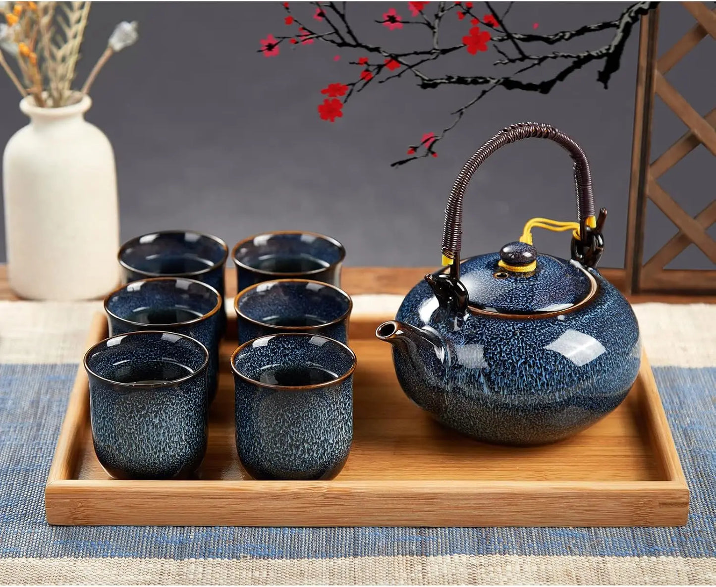 Japanese Tea Set for 6, Kiln Altered Glaze Porcelain Tea Set with 1 Teapot, 6 Tea Cups & 1 Tea Tray, Unique Chinese Tea Set