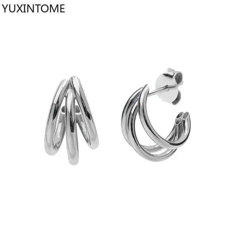 925 Sterling Silver Ear Needle Vintage C Shape Earrings For Women Triple Open Circle Piercing Stud Earrings Fashion Jewelry