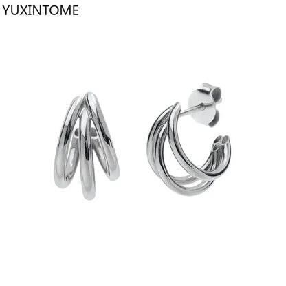 925 Sterling Silver Ear Needle Vintage C Shape Earrings For Women Triple Open Circle Piercing Stud Earrings Fashion Jewelry
