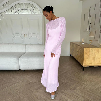 DSMTRC Women 2024 Elegant Chic Soft Lady Hollowing Sweater Dresses Femme New Spring Autumn O-Neck Elastic Knit Long Dresses