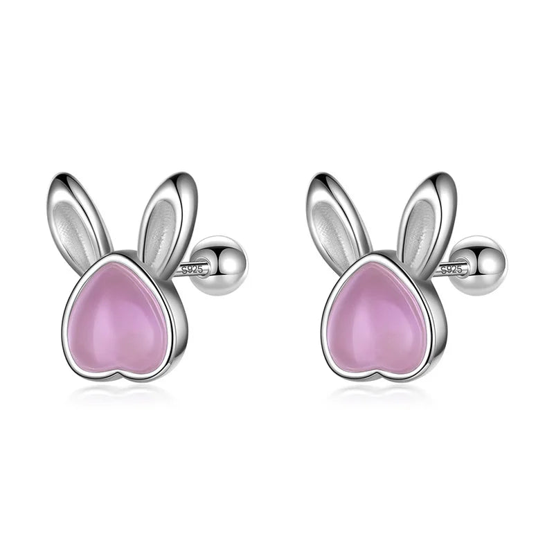 TrustDavis Real S999 Sterling Silver Kids Animal Rabbit Moonstone Screw Stud Earrings For Daughter Girls Fine Jewelry DF2044