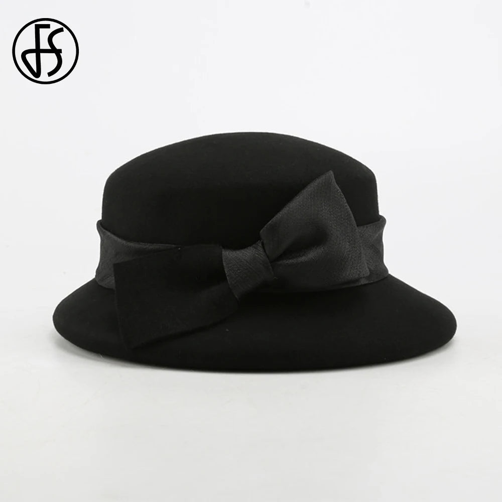 FS Fashion Warm Wool Felt Women's Fedoras Simple Chic Hats Bowknot Bucket Cap Ladies Top Hat Vintage Caps For Women