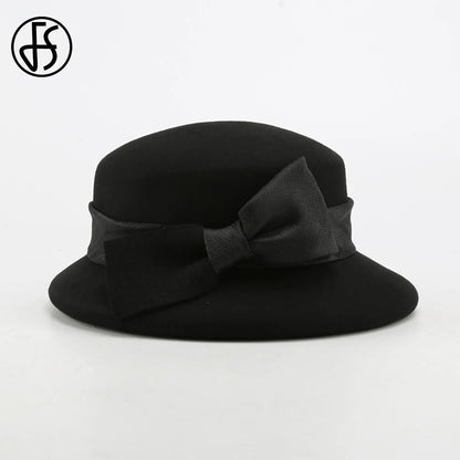 FS Fashion Warm Wool Felt Women's Fedoras Simple Chic Hats Bowknot Bucket Cap Ladies Top Hat Vintage Caps For Women