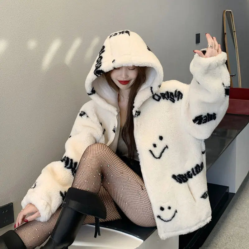 Jackets For Women 2022 Winter Cashmere Chic Printing Hooded Fashion Street Outerwear Sweet Casual College Women's jacket Coat
