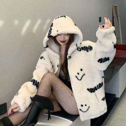 Jackets For Women 2022 Winter Cashmere Chic Printing Hooded Fashion Street Outerwear Sweet Casual College Women's jacket Coat