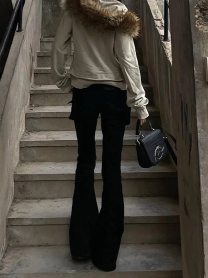 Women Dark Academia Goblin Core Long Trousers Gyaru Goth Low Rise Flare Pants Y2K Streetwear Stretch Japanese Harajuku Grunge