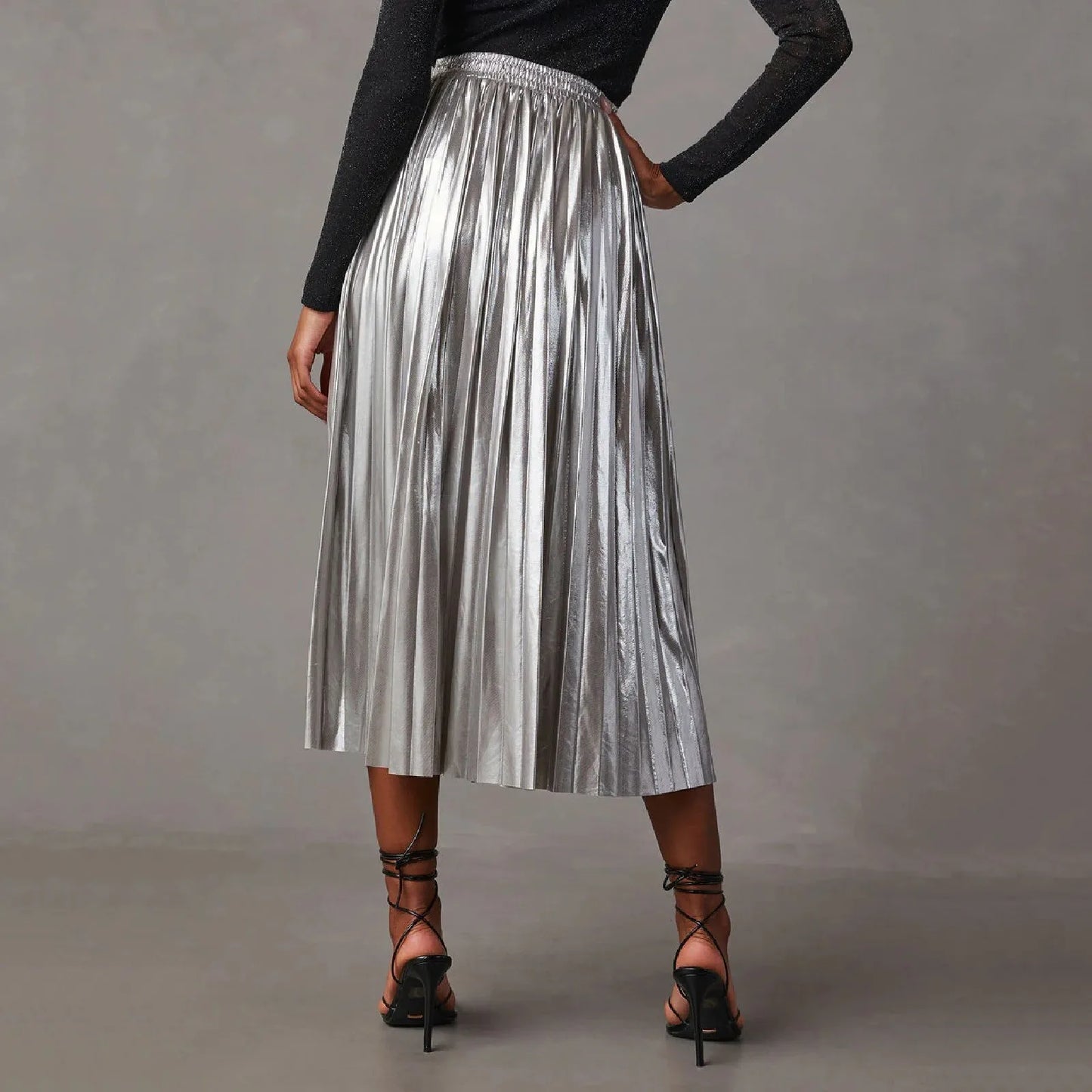 Silver A Line Skirts Hot Stamping Shiny Pleated High Waist Pleated Skirt Anti Permeability Length Autumn Shinny Korean Bottoms