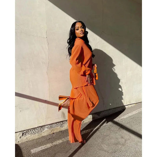 Women's Orange Long Sleeve Shirt Suit, Chiffon Tops, Wide Leg Pant, Sexy 2-Piece Set, Street Sweatsuit, Fitness Pit Strip Jacket