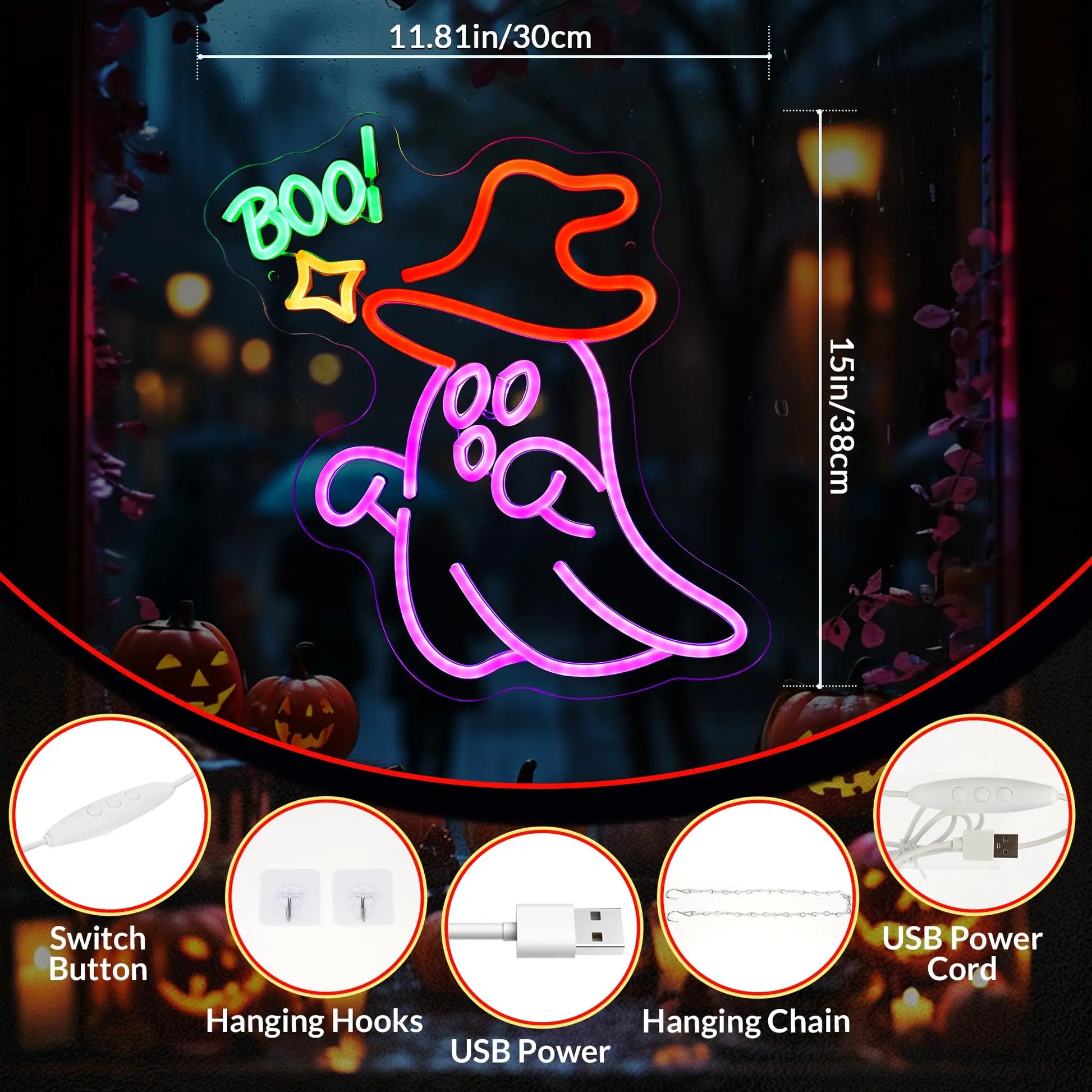 Bright neon witch hat Halloween wall decoration featuring a ghost and spooky text