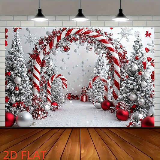 A shiny Christmas tree background cloth with candy sticks and a party banner featuring snowflake patterns