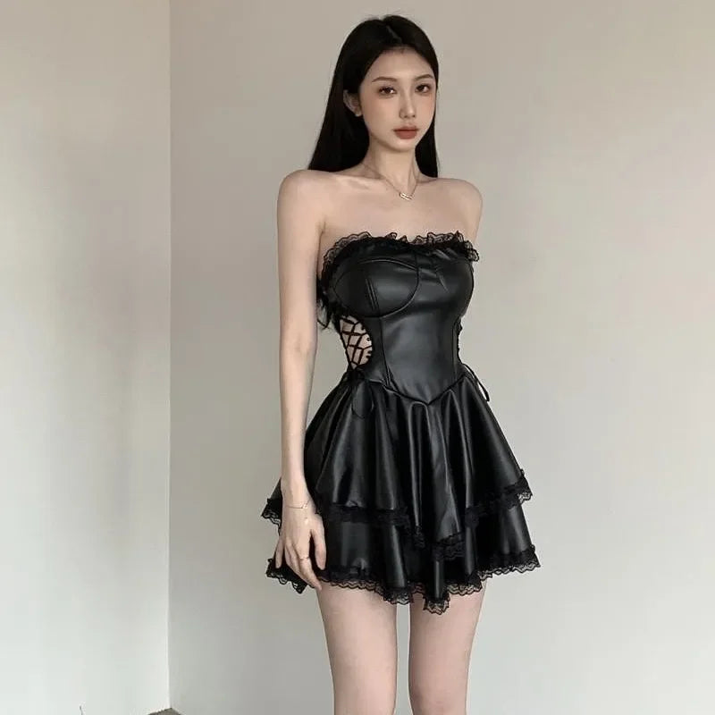 Stylish gothic black party dress for women with lace details and flared skirt